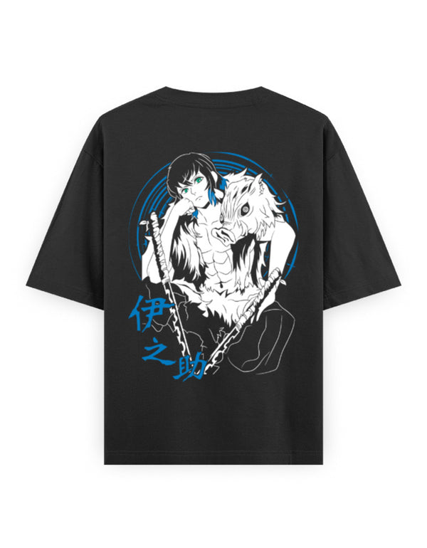 Inosuke Dual Mask Oversized Anime T-Shirt – Neon Blue Graphic Streetwear