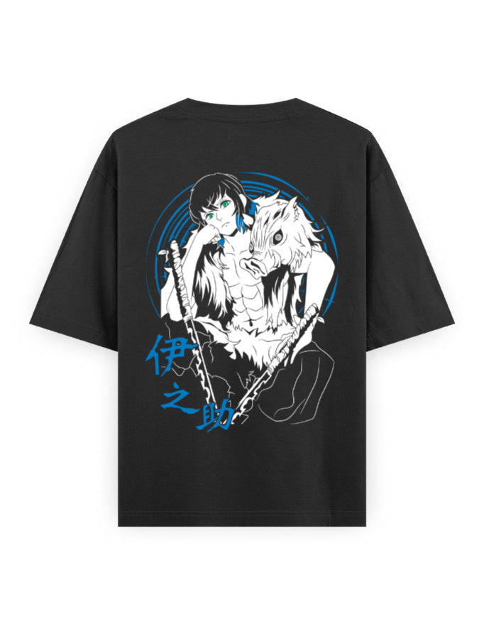 Inosuke Dual Mask Oversized Anime T-Shirt – Neon Blue Graphic Streetwear