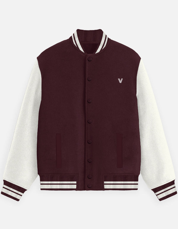 Maroon & White Varsity Jacket for Men – Premium Bomber Style with Snap Buttons
