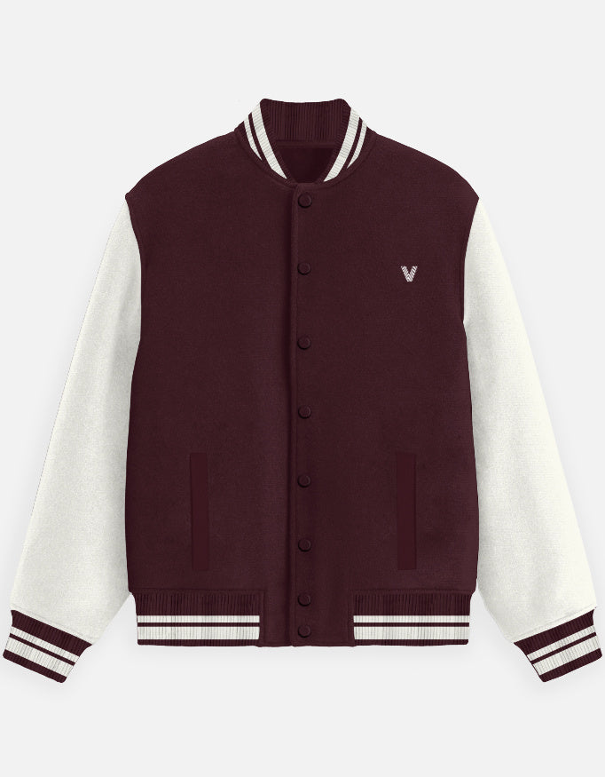 Maroon & White Varsity Jacket for Men – Premium Bomber Style with Snap Buttons