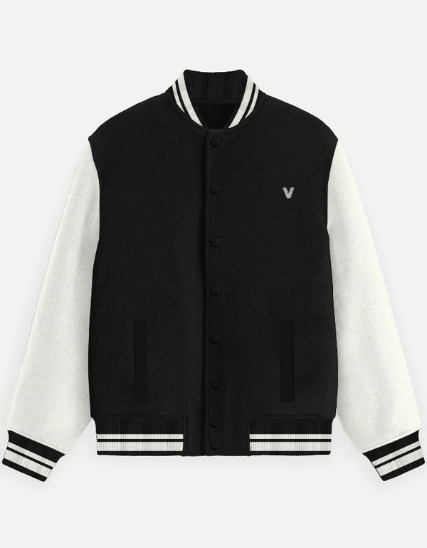 Black & White Varsity Jacket for Men – Premium Bomber Style with Snap Buttons