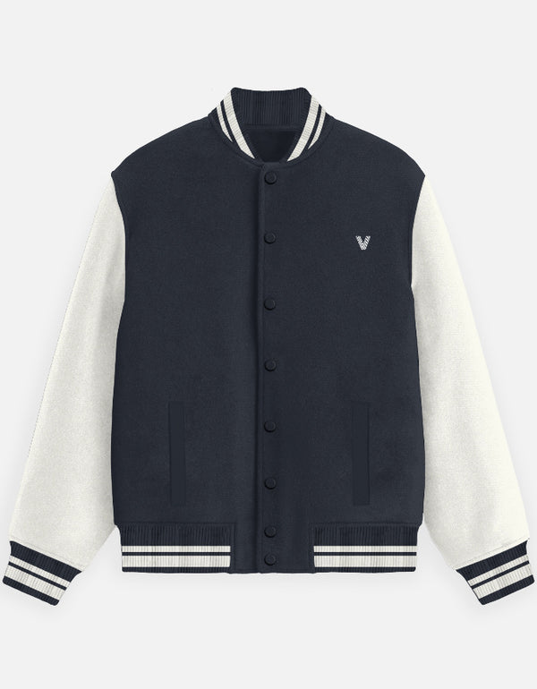 Navy Blue & White Varsity Jacket for Men – Premium Bomber Style with Snap Buttons