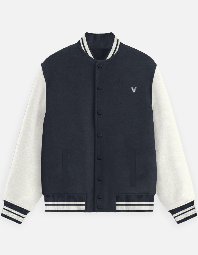 Navy Blue & White Varsity Jacket for Men – Premium Bomber Style with Snap Buttons