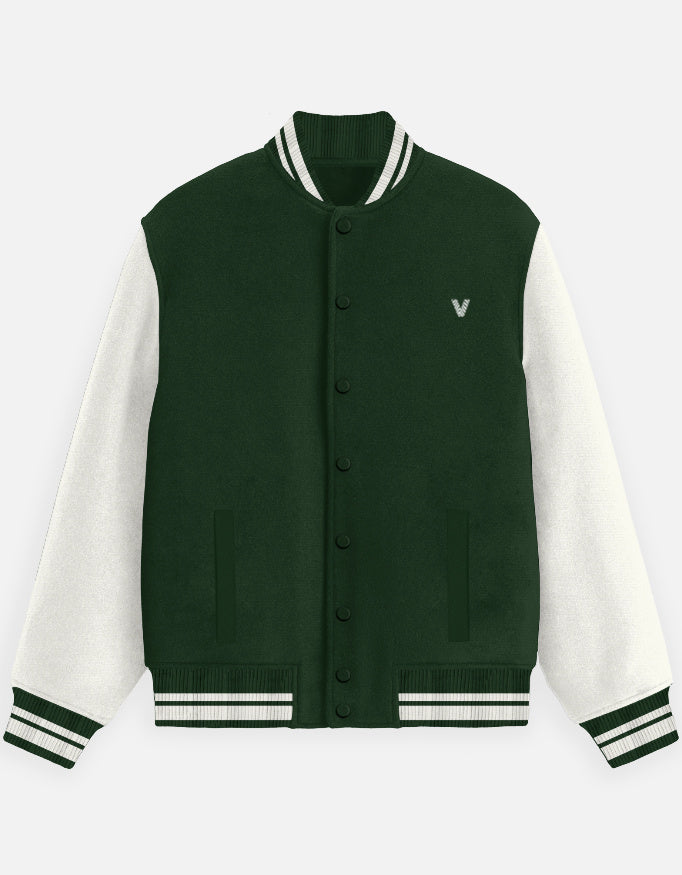 Bottle Green & White Varsity Jacket for Men – Premium Bomber Style with Snap Buttons